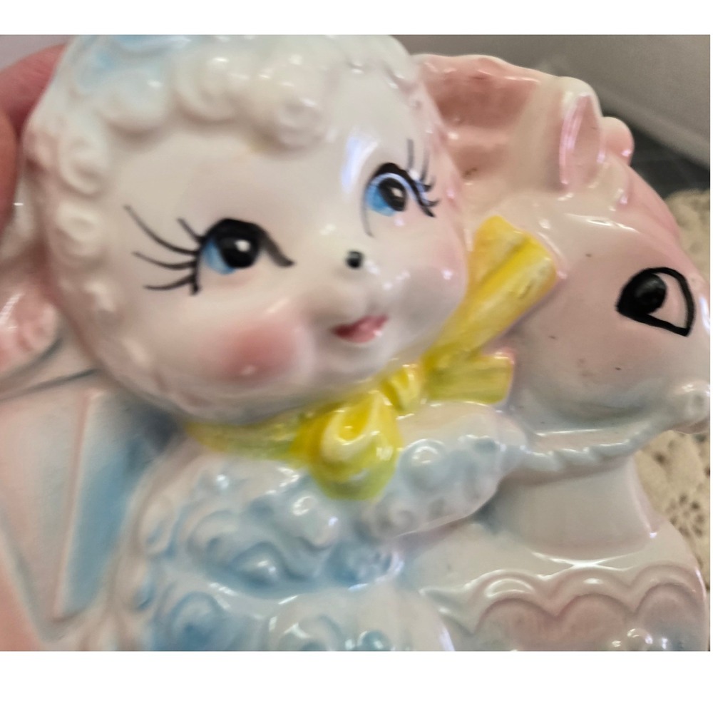 Vintage Lamb Rocking Horse Planter Nursery ABC Blocks Pink Blue - Picture 2 of 9